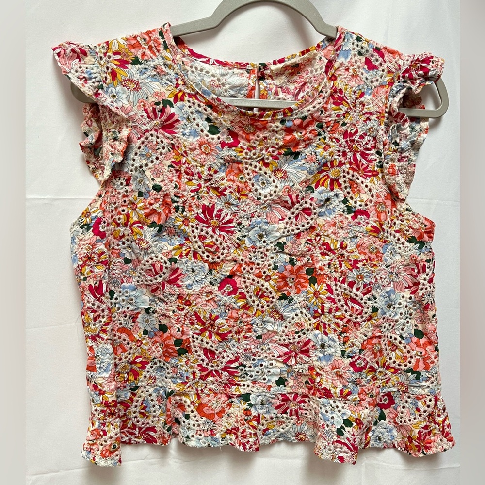 Solitaire Floral Eyelet Lace Flutter Sleeve Top - Pink, Red, Coral, Blue, White